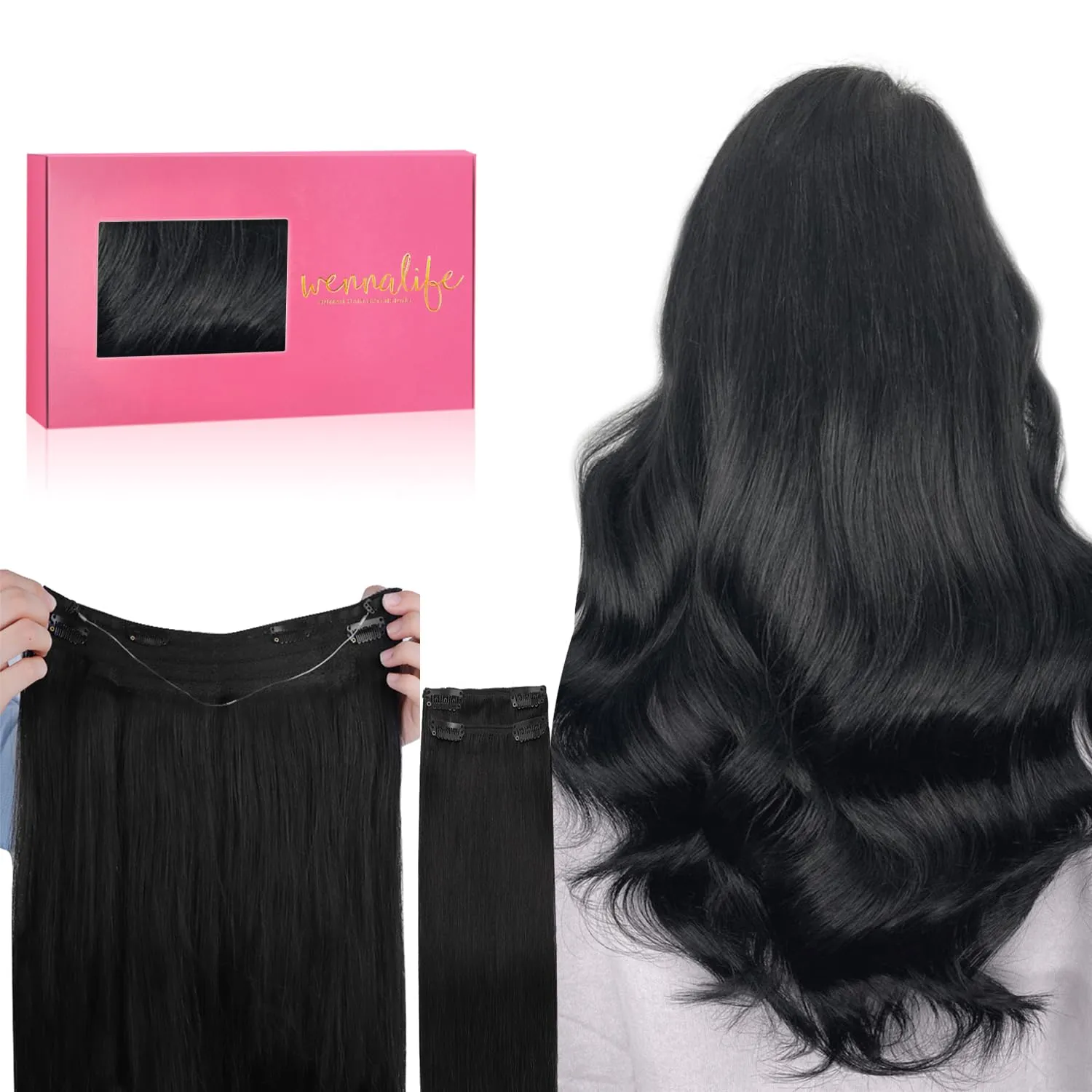 WENNALIFE Wire Hair Extensions (Increase 50% Lifespan) Real Human Hair 22 inch 150g Jet Black Remy Hair Invisible Transparent Wire Fish Line Straight Reusable Natural