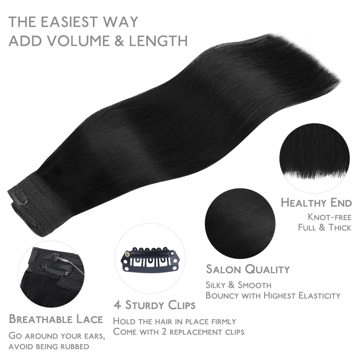 WENNALIFE Wire Hair Extensions (Increase 50% Lifespan) Real Human Hair 22 inch 150g Jet Black Remy Hair Invisible Transparent Wire Fish Line Straight Reusable Natural