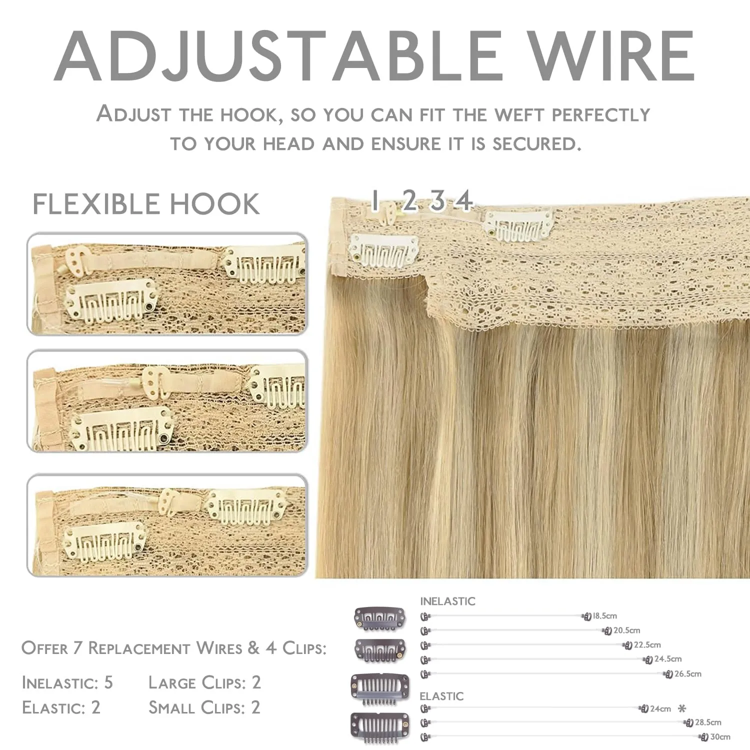 WENNALIFE Wire Hair Extensions (Increase 50% Lifespan) Real Human Hair 22 inch 150g Light Blonde Highlighted Golden Blonde Remy Real Hair Extensions Invisible Wire Hair Extensions Human Hair Fish Line