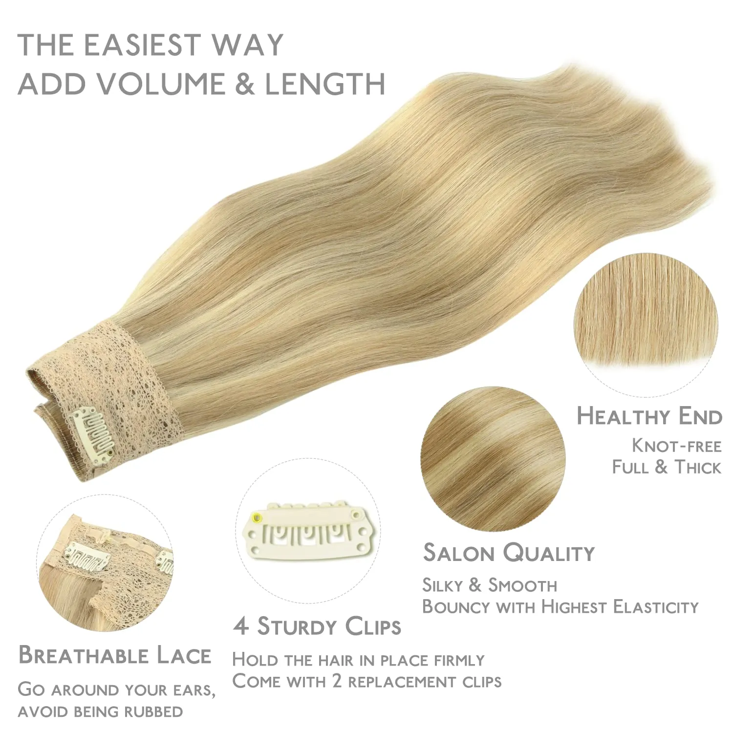 WENNALIFE Wire Hair Extensions (Increase 50% Lifespan) Real Human Hair 22 inch 150g Light Blonde Highlighted Golden Blonde Remy Real Hair Extensions Invisible Wire Hair Extensions Human Hair Fish Line