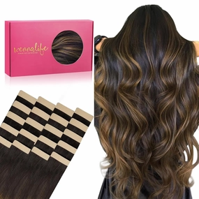 WENNALIFE Tape in Hair Extensions Human Hair, 20pcs 50g 20 inch Balayage Dark Brown Mixed Chestnut Brown Remy Hair Extensions Straight Human Hair Tape in Extensions Skin Weft Extensions