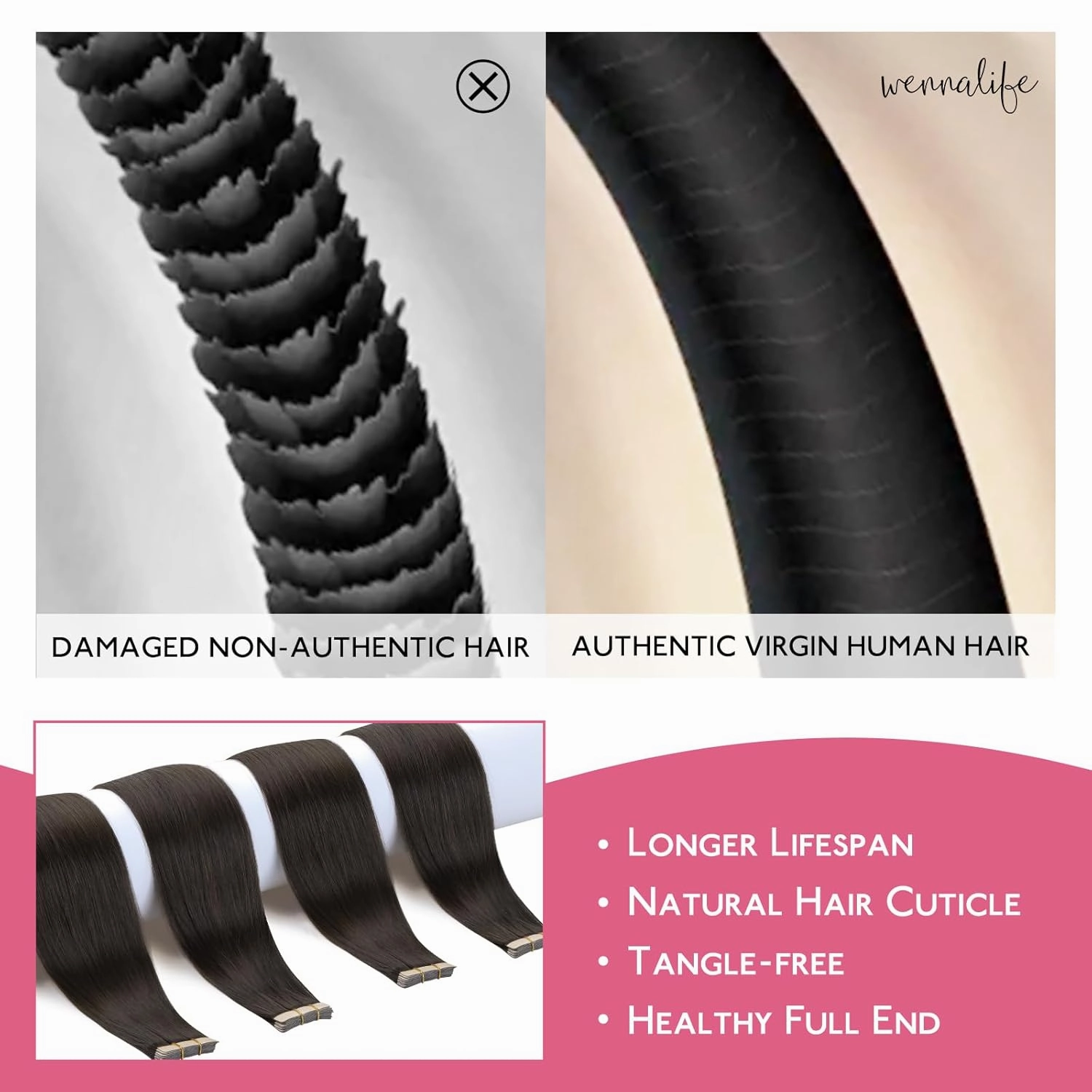 WENNALIFE Tape in Hair Extensions Human Hair Dark Brown, 10pcs 25g 16 inch Remy Invisible Tape Ins Straight Colored Soft Refill Set