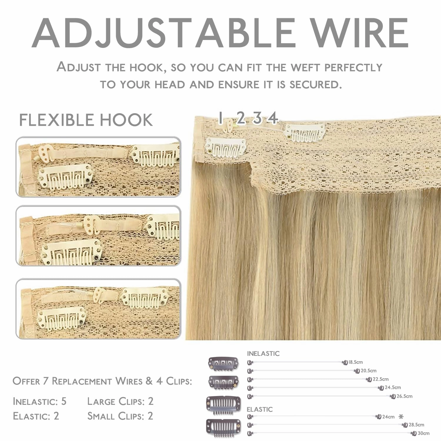 WENNALIFE Wire Hair Extensions (Increase 50% Lifespan) Real Human Hair 16 inch 95g Light Blonde Highlighted Golden Blonde Remy Hair Invisible Transparent Wire Fish Line Straight Reusable Natural