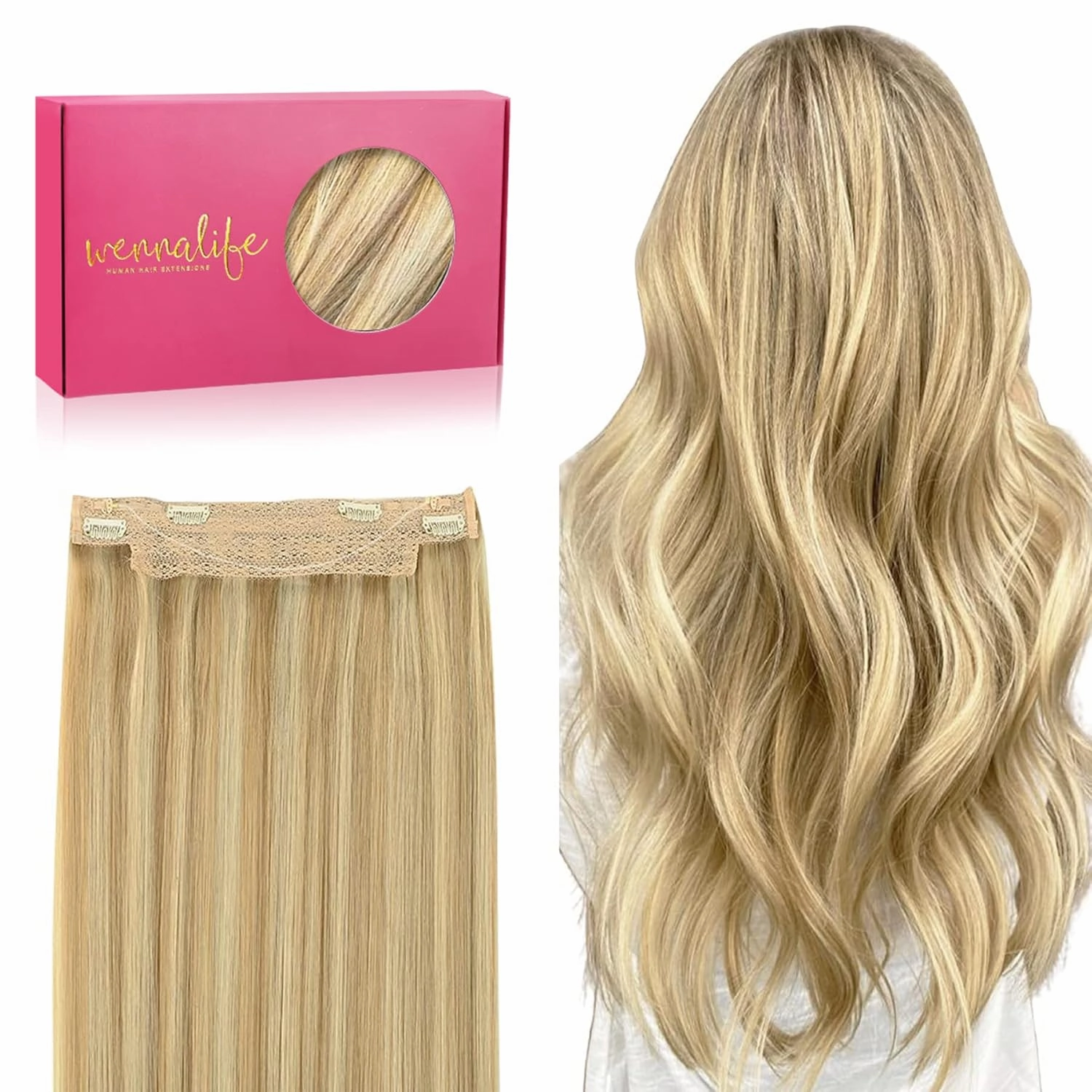 WENNALIFE Wire Hair Extensions (Increase 50% Lifespan) Real Human Hair 16 inch 95g Light Blonde Highlighted Golden Blonde Remy Hair Invisible Transparent Wire Fish Line Straight Reusable Natural