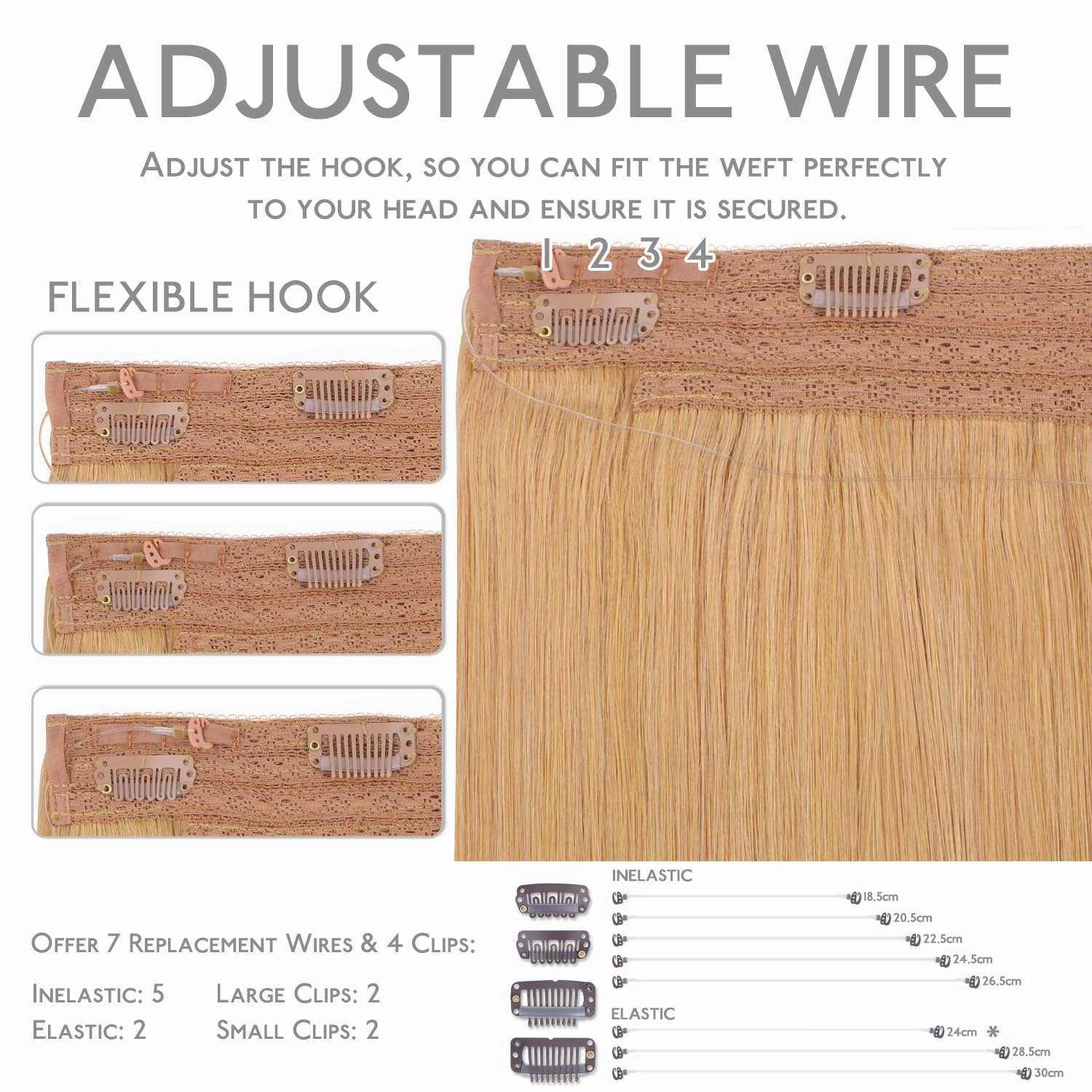 WENNALIFE Wire Hair Extensions (Increase 50% Lifespan) Real Human Hair 16 inch 95g Strawberry Blonde Remy Wire Hair Extensions Invisible Transparent Fish Line Straight Real