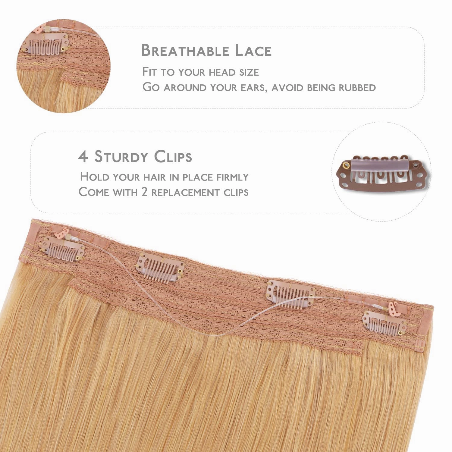 WENNALIFE Wire Hair Extensions (Increase 50% Lifespan) Real Human Hair 16 inch 95g Strawberry Blonde Remy Wire Hair Extensions Invisible Transparent Fish Line Straight Real