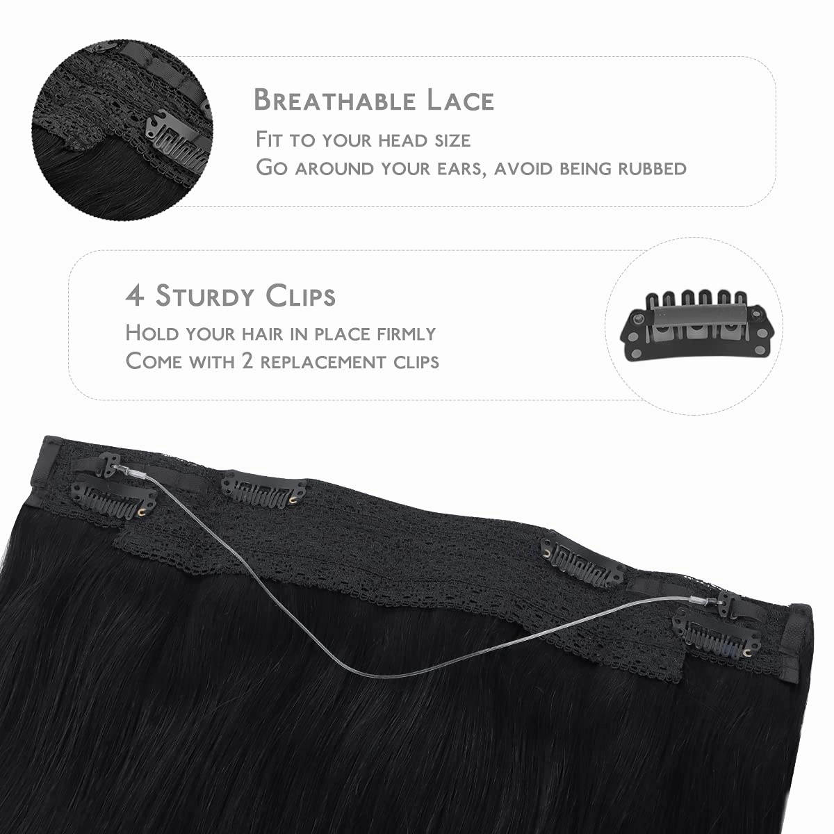 WENNALIFE Wire Hair Extensions (Increase 50% Lifespan) Real Human Hair 18 inch 95g Jet Black Remy Hair Invisible Transparent Wire Fish Line Straight Reusable Natural Extensiones De Cabello Humano