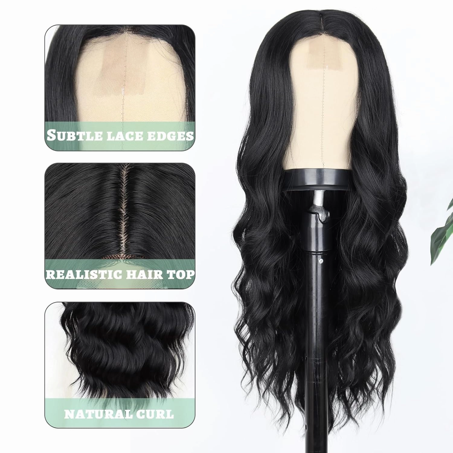 WERD Long Black Wavy Wigs for Women Black Curly Wig with Middle Part Synthetic 26 Inch Natural Looking Black Wig for Daily Party Use