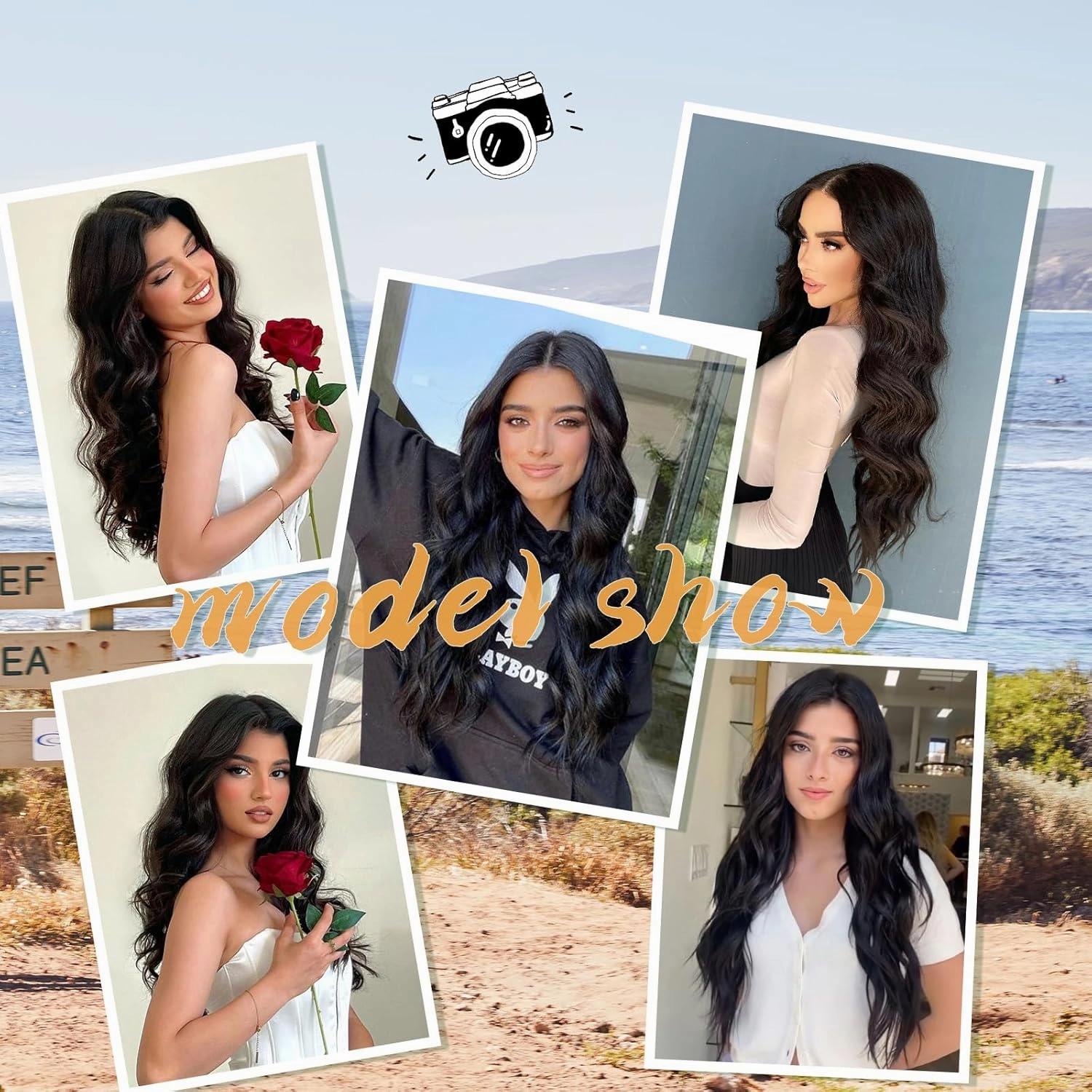WERD Long Black Wavy Wigs for Women Black Curly Wig with Middle Part Synthetic 26 Inch Natural Looking Black Wig for Daily Party Use