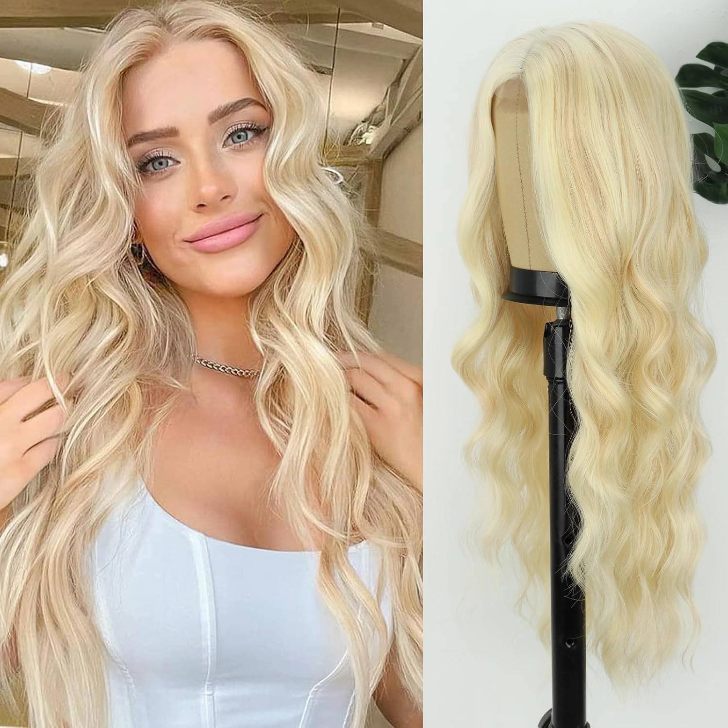 WERD Long Blonde Wig for Women Mix Wig with Middle Part Colored Blonde Natural Wavy Hair for Daily Party Use