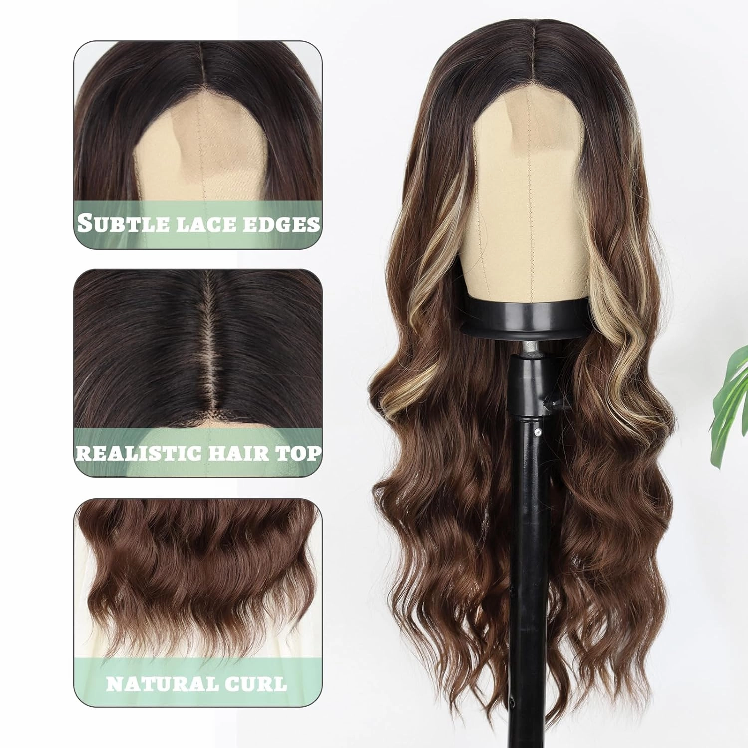 WERD Long Brown Wavy Wig for Women Dark Brown Curly Hair Wig with Middle Part Synthetic Brown Highlight Curly Long Wigs for Girls Daily Party Use