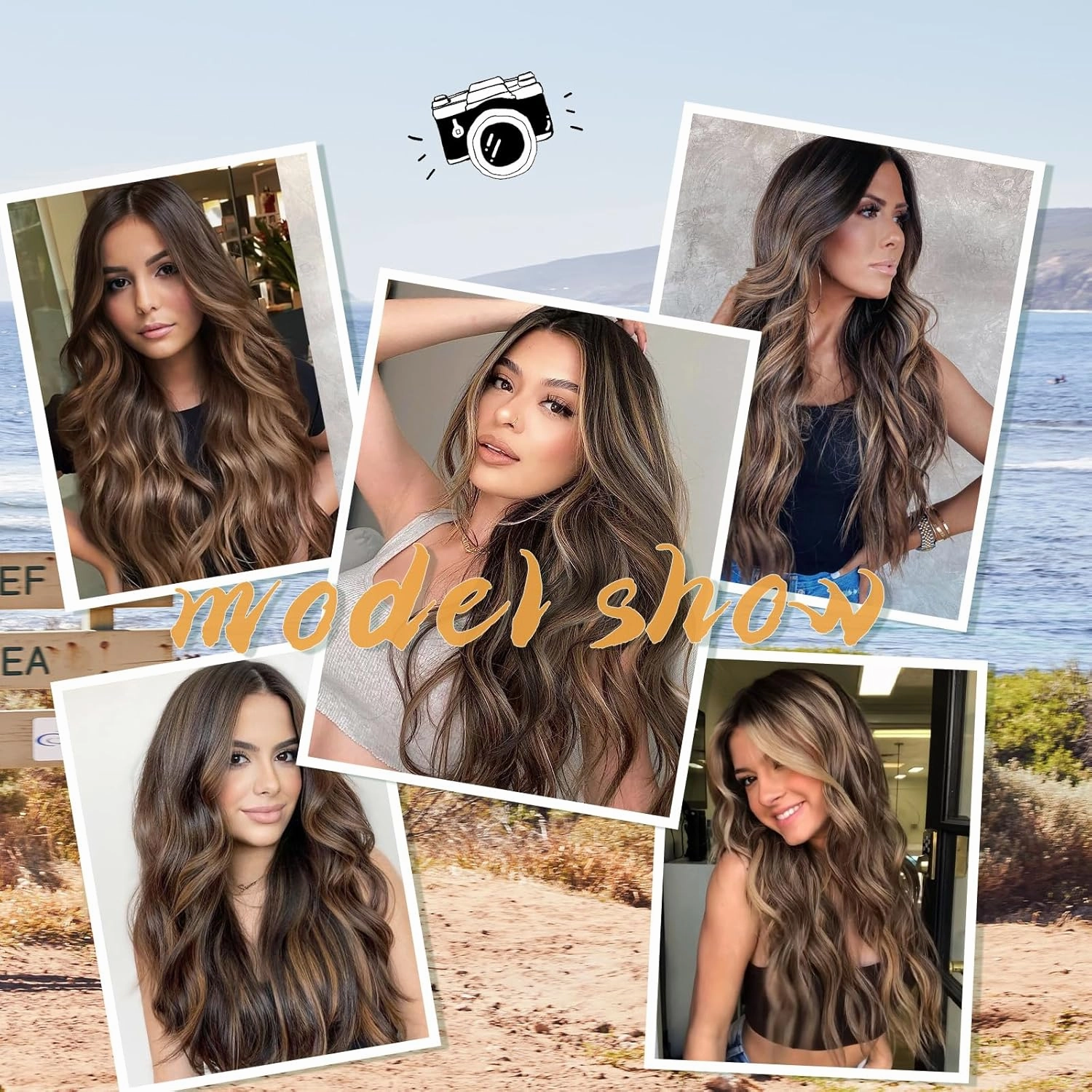 WERD Long Brown Wavy Wig for Women Dark Brown Curly Hair Wig with Middle Part Synthetic Brown Highlight Curly Long Wigs for Girls Daily Party Use