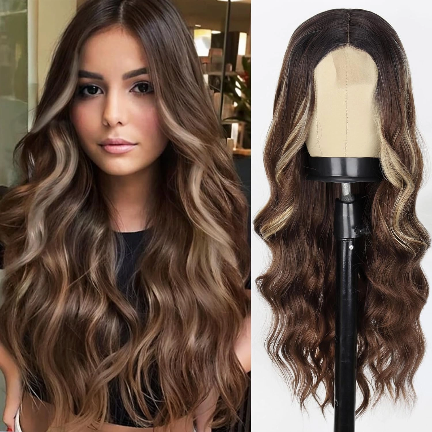 WERD Long Brown Wavy Wig for Women Dark Brown Curly Hair Wig with Middle Part Synthetic Brown Highlight Curly Long Wigs for Girls Daily Party Use