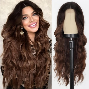 WERD Long Ombre Brown Wavy Wig for Women 26 Inch Middle Part Curly Wavy Wig Natural Looking Synthetic Black to Brown Wig for Daily Party Use