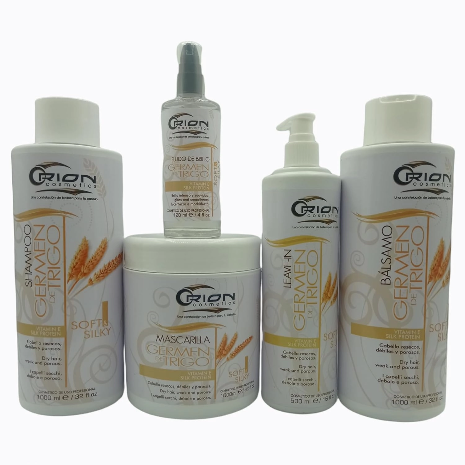 Wheat Germ Line 5 Step Kit - Shampoo - Mask - Drop of glitter - Leave-In - Conditioner hydrates - nourishes - strengthens - tones - softens - shines - detangles - texturizes