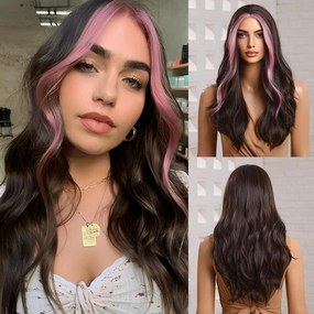 Wig - Dark Brown Pink Skunk Stripe, 26 Inch Middle Part Curly Long Wavy Synthetic Heat Resistant Fiber Wig for Daily Party Cosplay Halloween Use