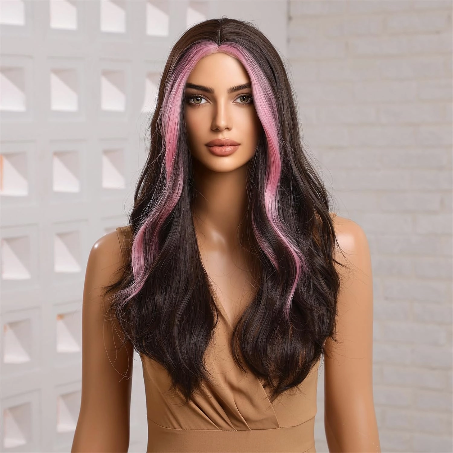 Wig - Dark Brown Pink Skunk Stripe, 26 Inch Middle Part Curly Long Wavy Synthetic Heat Resistant Fiber Wig for Daily Party Cosplay Halloween Use