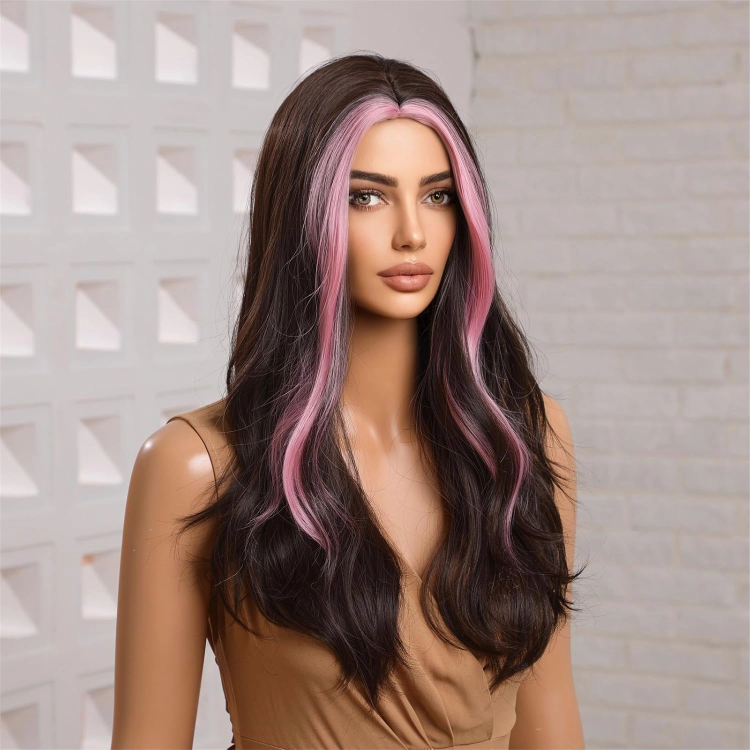 Wig - Dark Brown Pink Skunk Stripe, 26 Inch Middle Part Curly Long Wavy Synthetic Heat Resistant Fiber Wig for Daily Party Cosplay Halloween Use