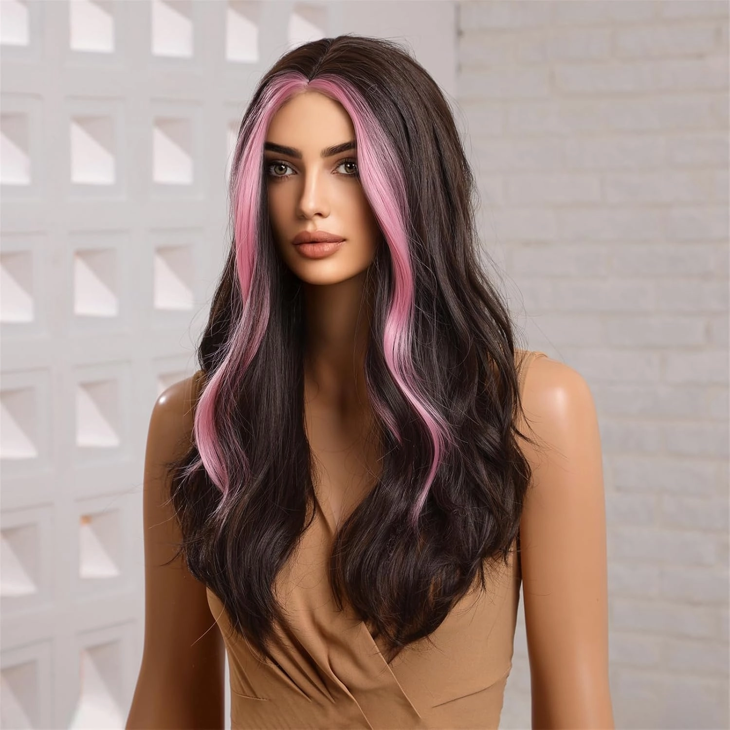 Wig - Dark Brown Pink Skunk Stripe, 26 Inch Middle Part Curly Long Wavy Synthetic Heat Resistant Fiber Wig for Daily Party Cosplay Halloween Use