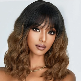 Wigs for Women Bob Wig with Bangs Black to Brown Short Wavy Wig Shoulder Length Middle Part Women's Ombre Brown Curly Wig Natural Looking Synthetic Wigs for Daily Party Use (14 Inch)