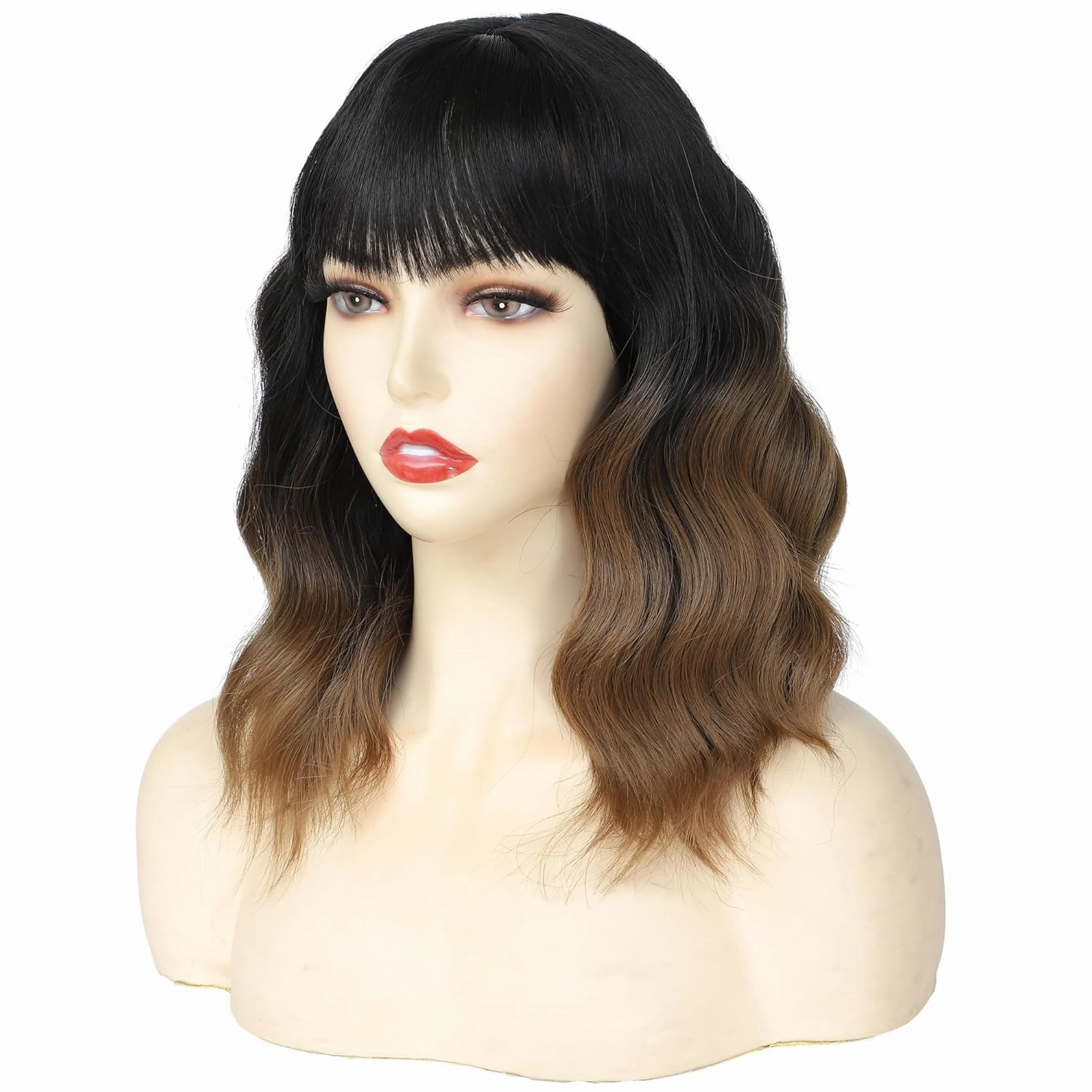 Wigs for Women Bob Wig with Bangs Black to Brown Short Wavy Wig Shoulder Length Middle Part Women's Ombre Brown Curly Wig Natural Looking Synthetic Wigs for Daily Party Use (14 Inch)
