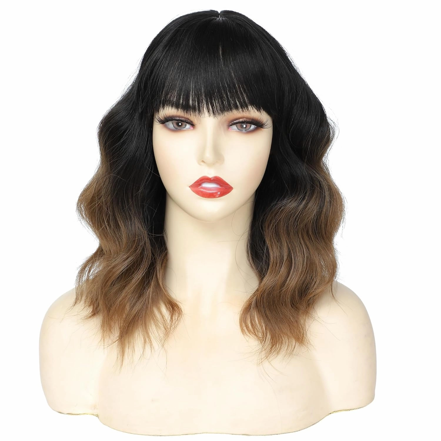 Wigs for Women Bob Wig with Bangs Black to Brown Short Wavy Wig Shoulder Length Middle Part Women's Ombre Brown Curly Wig Natural Looking Synthetic Wigs for Daily Party Use (14 Inch)