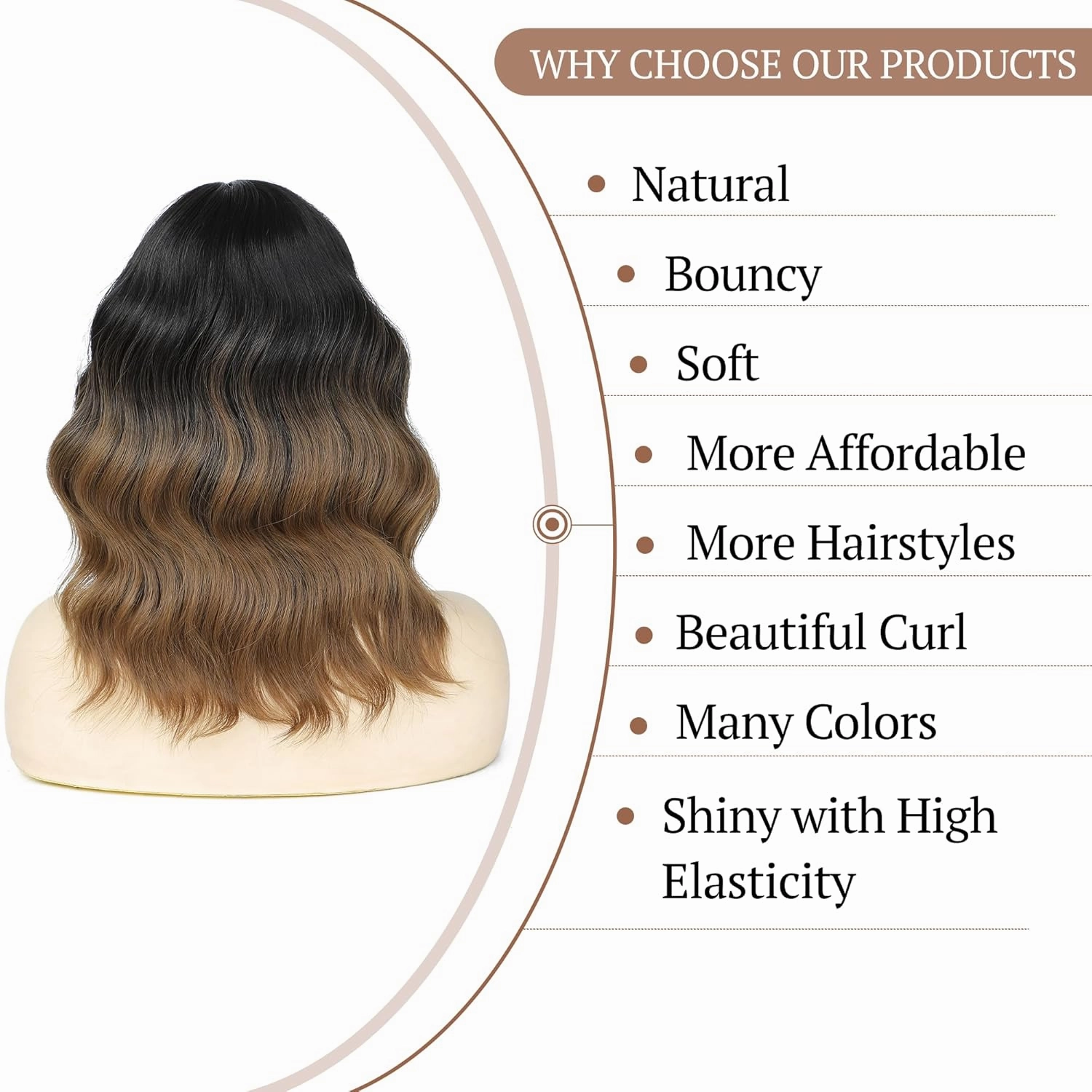Wigs for Women Bob Wig with Bangs Black to Brown Short Wavy Wig Shoulder Length Middle Part Women's Ombre Brown Curly Wig Natural Looking Synthetic Wigs for Daily Party Use (14 Inch)