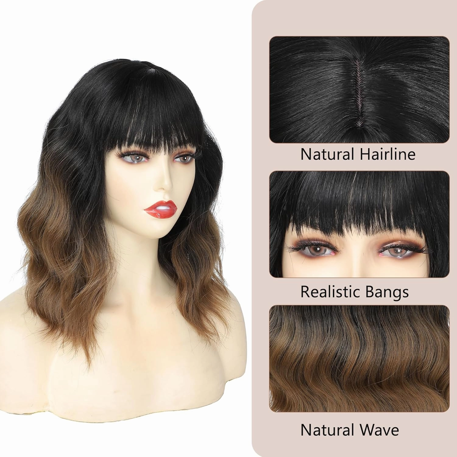 Wigs for Women Bob Wig with Bangs Black to Brown Short Wavy Wig Shoulder Length Middle Part Women's Ombre Brown Curly Wig Natural Looking Synthetic Wigs for Daily Party Use (14 Inch)