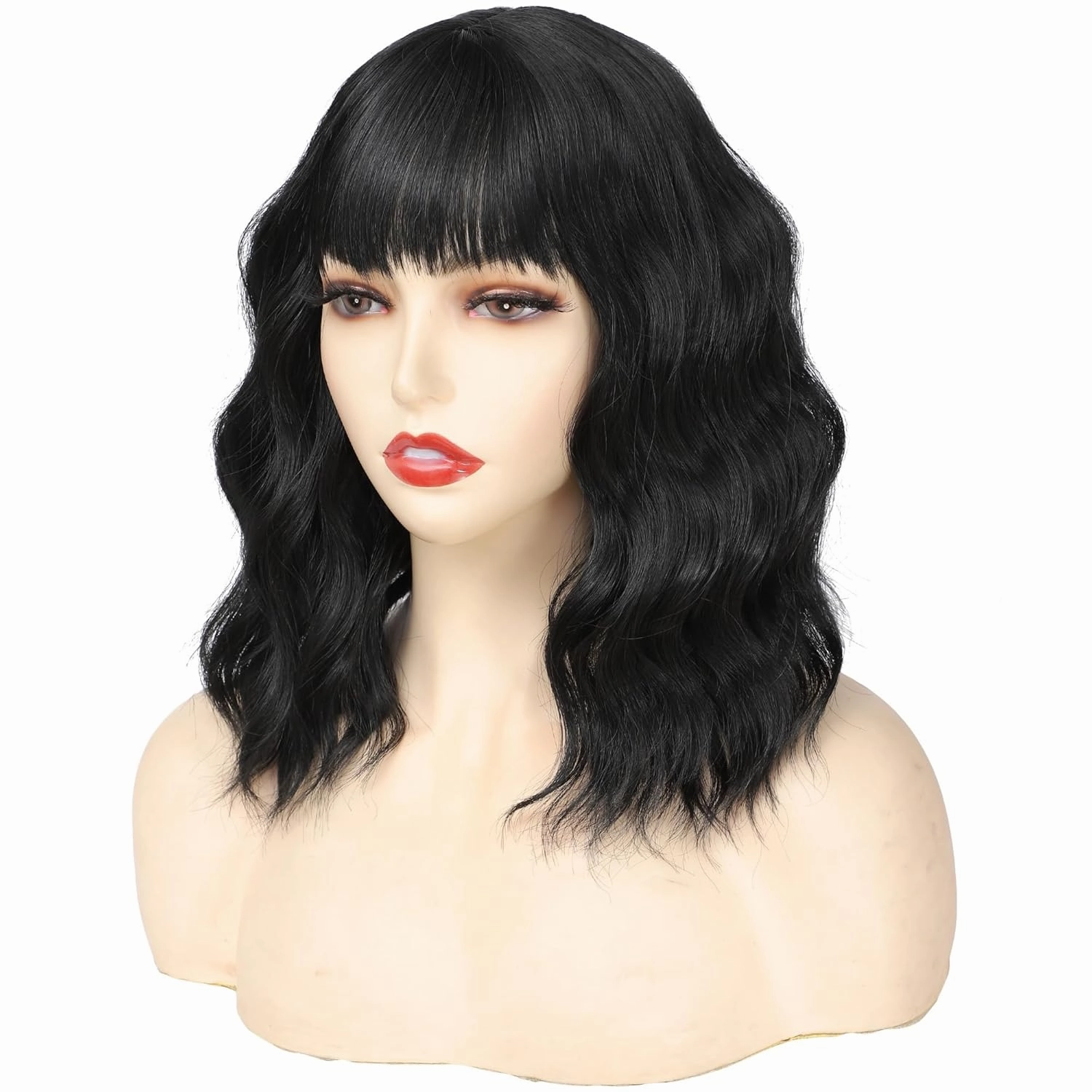 Wigs for Women Wavy Short Black Wig with Bangs Curly Bob Wig Shoulder Length Women's Wigs Synthetic Heat Resistant Fiber Wigs for Daily Party Use (14 Inches)