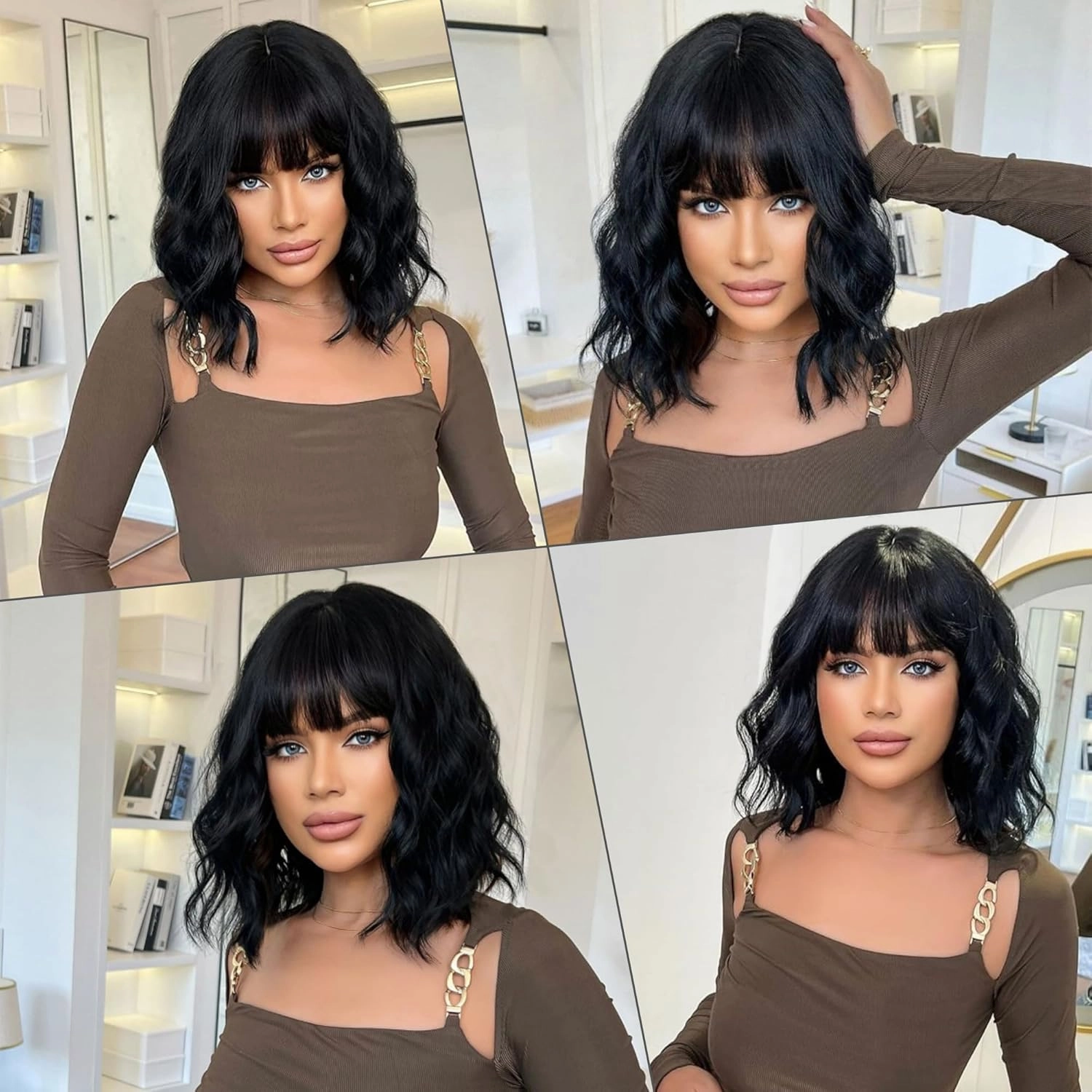 Wigs for Women Wavy Short Black Wig with Bangs Curly Bob Wig Shoulder Length Women's Wigs Synthetic Heat Resistant Fiber Wigs for Daily Party Use (14 Inches)
