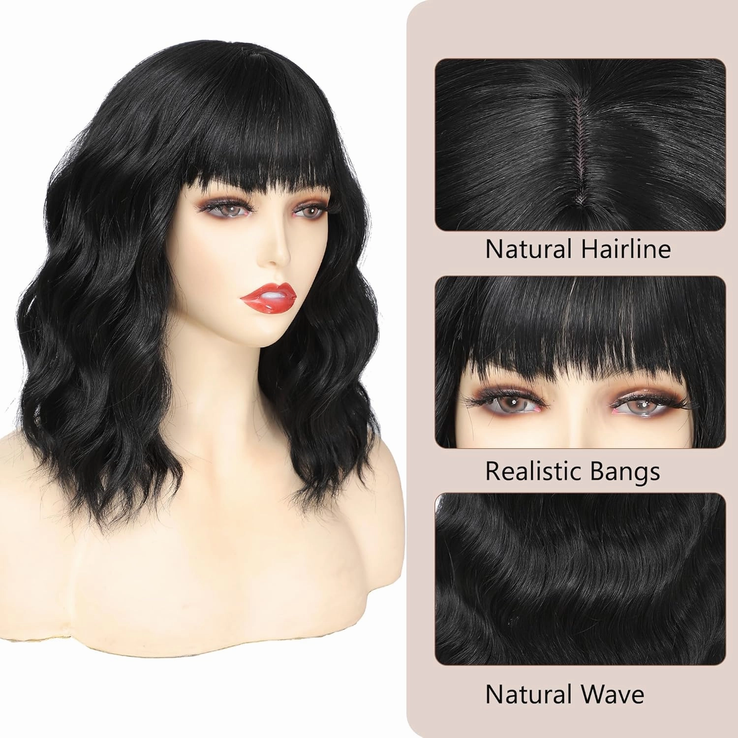 Wigs for Women Wavy Short Black Wig with Bangs Curly Bob Wig Shoulder Length Women's Wigs Synthetic Heat Resistant Fiber Wigs for Daily Party Use (14 Inches)