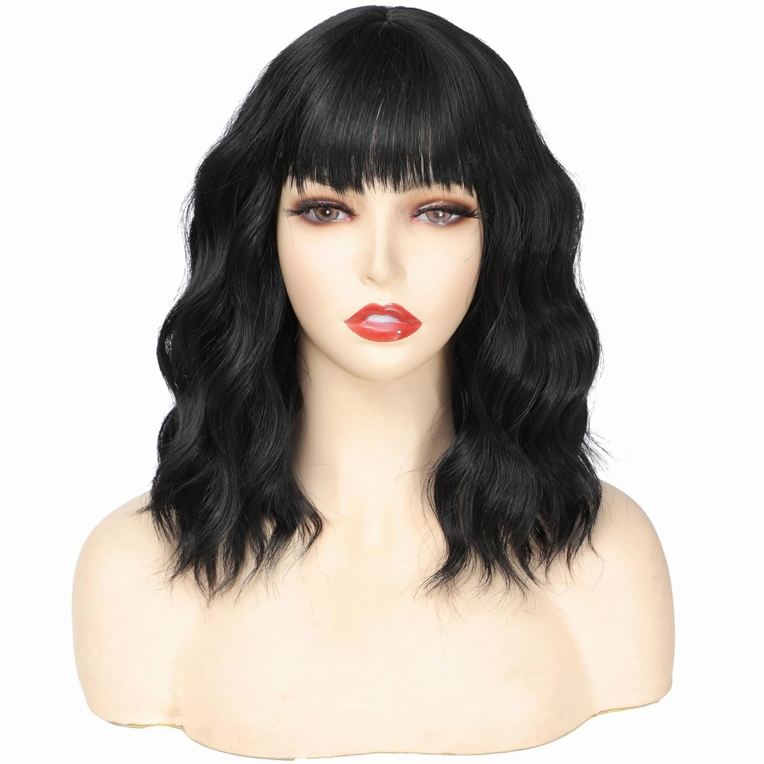 Wigs for Women Wavy Short Black Wig with Bangs Curly Bob Wig Shoulder Length Women's Wigs Synthetic Heat Resistant Fiber Wigs for Daily Party Use (14 Inches)