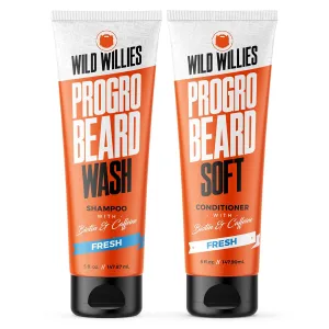 Wild Willies Moisturizing Beard Shampoo & Conditioner Kit, PROGRO - Fortified with Biotin & Caffeine for Facial Hair Growth, Hydration, & Softener, 4oz