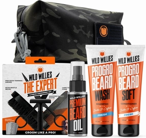 Wild Willies Complete Beard Grooming Kit for Men - Includes 5 Piece Grooming Kit, PROGRO Shampoo Wash & Conditioner, & Premium Hair Oil for Daily Use, Hair Growth & Hydration