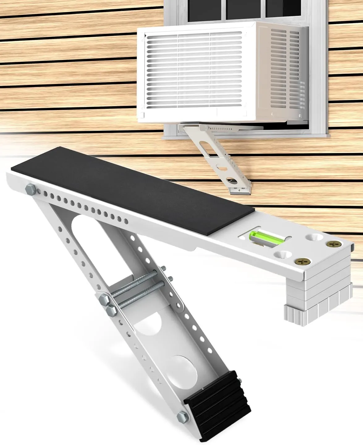 Window Air Conditioner Support Bracket: Adjustable Anti-Slip Shock-Absorbing Mat Windows Safe Bracket Built-in Bubble Level - 12000 to 24000 BTU AC Units Window Mount Bracket Up to 165 lbs