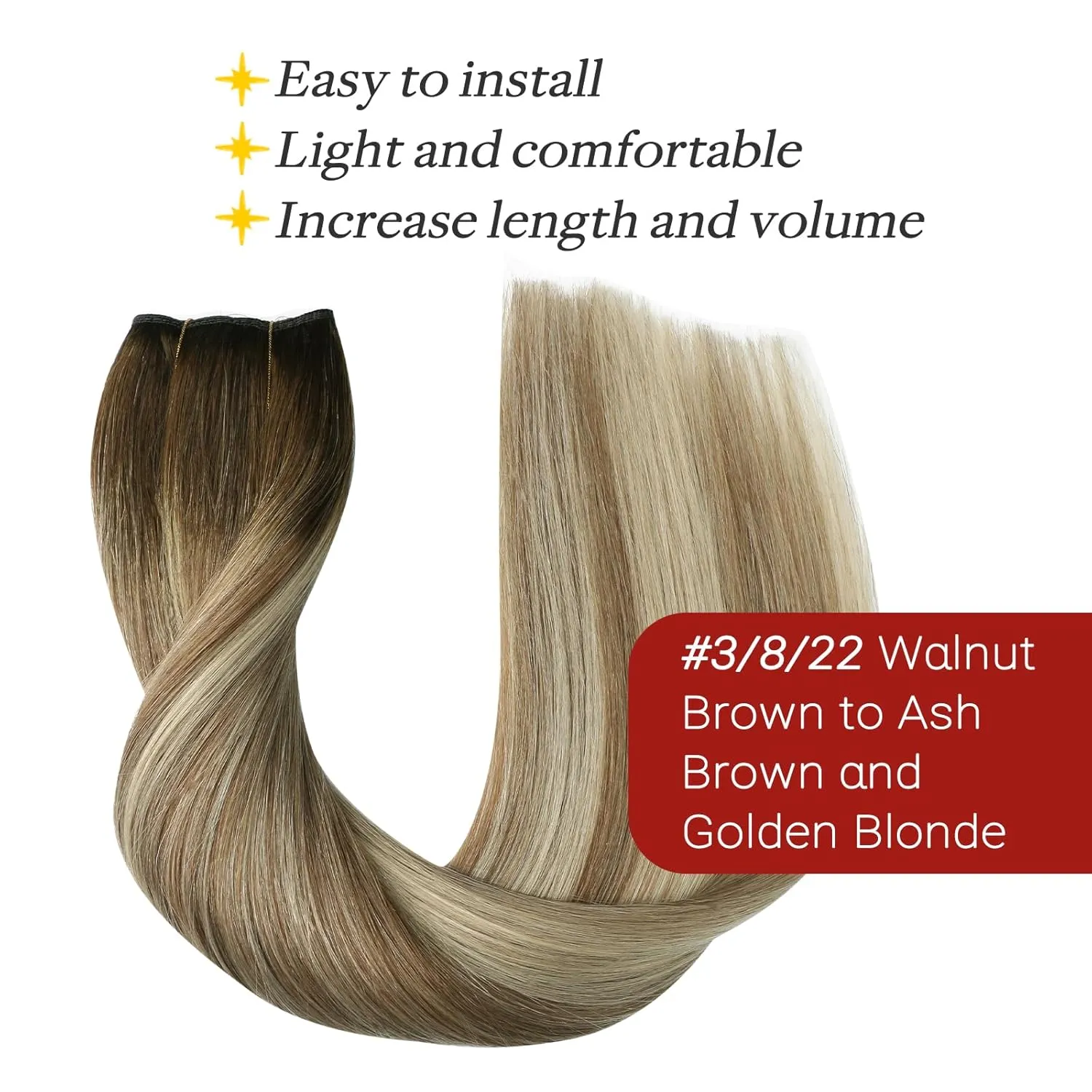 Wire Hair Extensions 70g Straight Hair Extensions Walnut Brown to Ash Brown and Golden Blonde Invisible Wire Hair Extensions Real Human Hair Extensions for Women 14inch(#3/8/22-14inch)