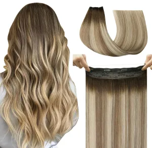 Wire Hair Extensions 70g Straight Hair Extensions Walnut Brown to Ash Brown and Golden Blonde Invisible Wire Hair Extensions Real Human Hair Extensions for Women 14inch(#3/8/22-14inch)