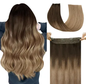 Wire Hair Extensions 70g Straight Human Hair Wire Extensions Dark Brown to Dirty Blonde Invisible Wire Hair Real Human Hair Brown Hair Extensions for Women 14inch(#2/6/18-14inch)
