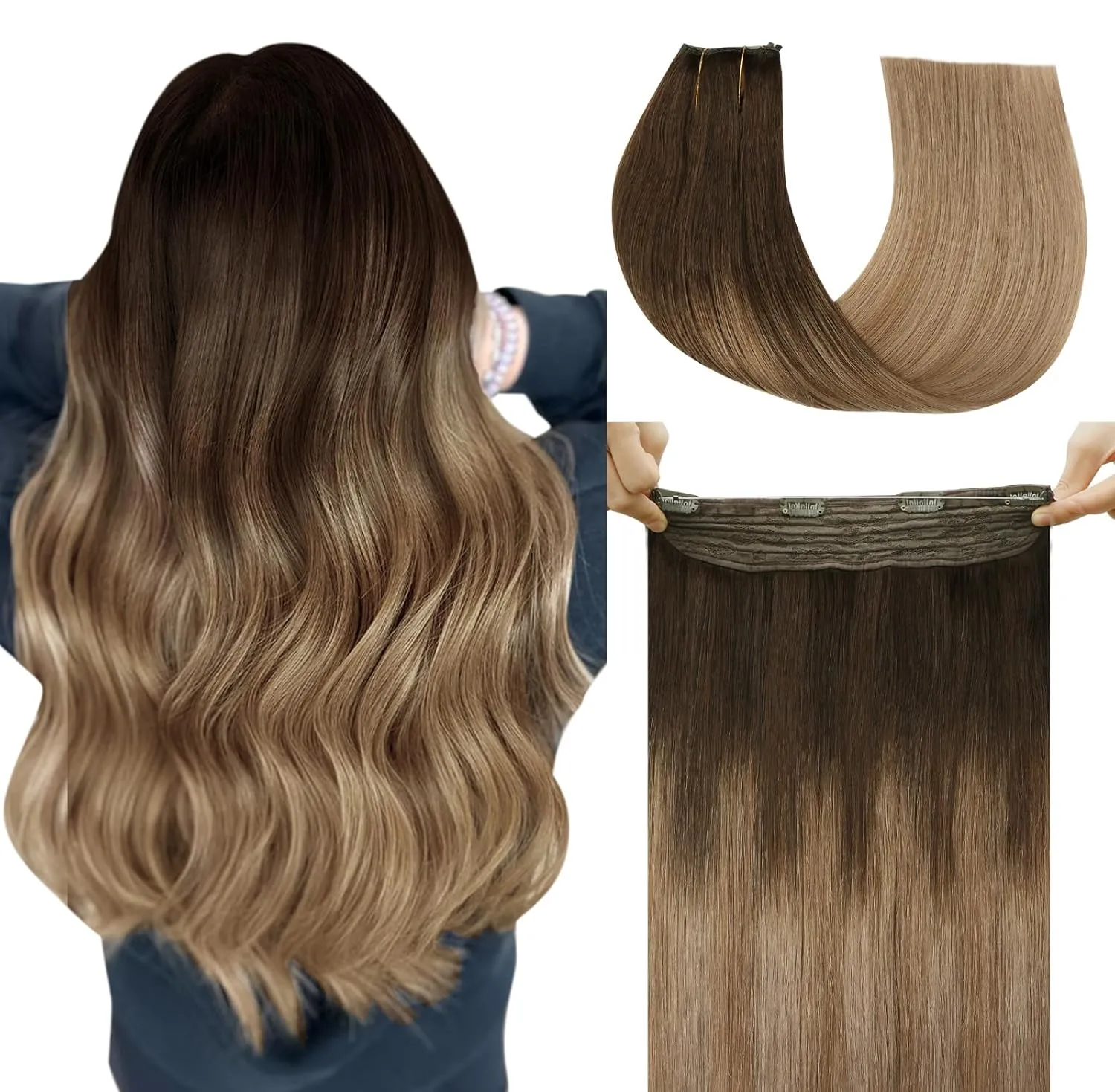 Wire Hair Extensions 70g Straight Human Hair Wire Extensions Dark Brown to Dirty Blonde Invisible Wire Hair Real Human Hair Brown Hair Extensions for Women 14inch(#2/6/18-14inch)