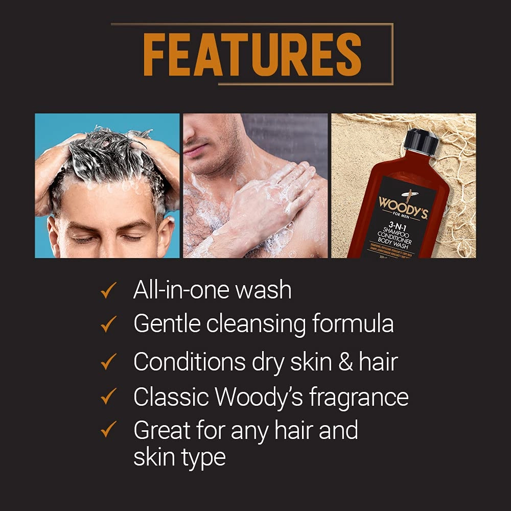 Woody's 3-in-1 Shampoo, Conditioner, & Body Wash for Men, 12 fl. oz., 1-Pack