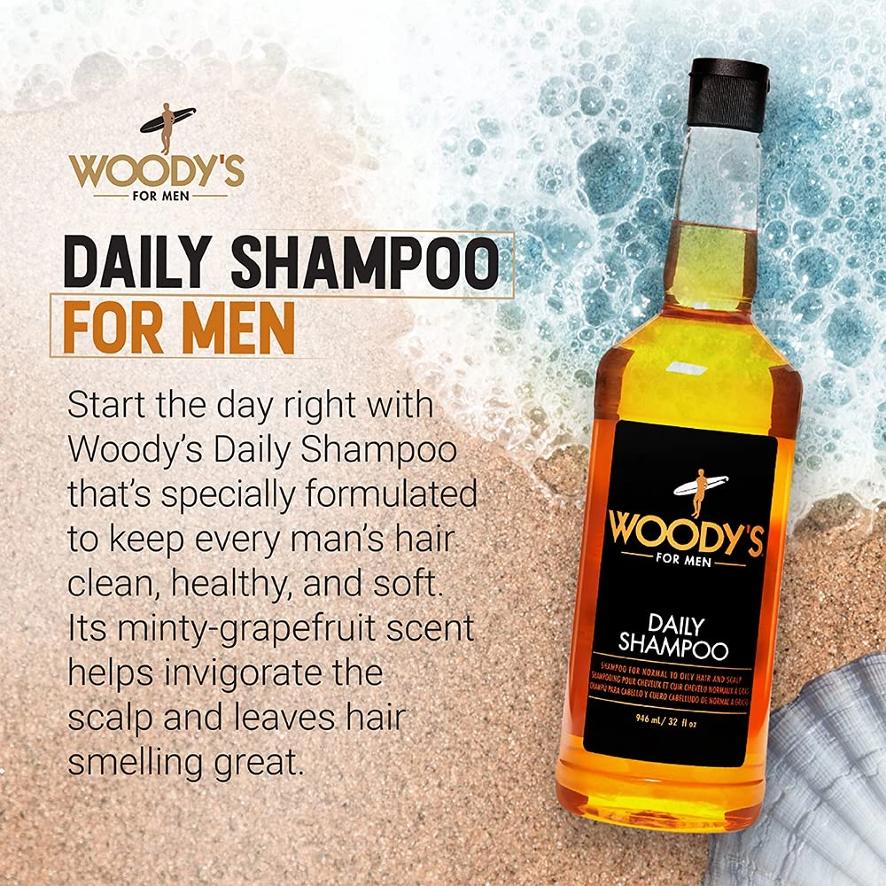 Woody's Daily Shampoo for Men - Sulfate-Free, Hydrating Hair Care, All Natural & Organic, Refreshing Scalp Cleanser Mens Shampoo, 32 fl oz