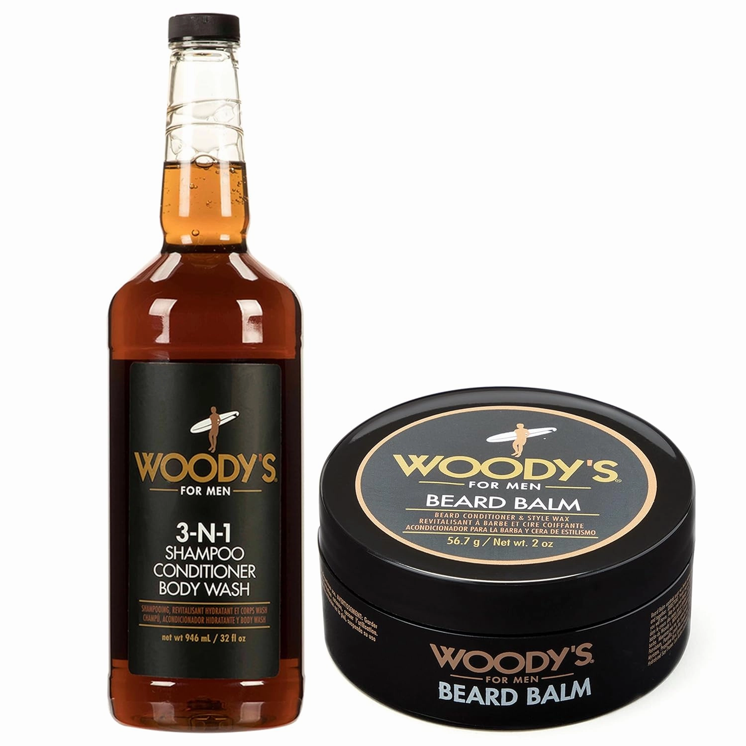 Woody's Men's Grooming Set, 3-in-1 Shampoo, Conditioner & Body Wash 32 Fl Oz, 2-in-1 Beard Balm 2 Oz
