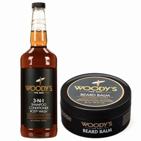 Woody's Men's Grooming Set, 3-in-1 Shampoo, Conditioner & Body Wash 32 Fl Oz, 2-in-1 Beard Balm 2 Oz