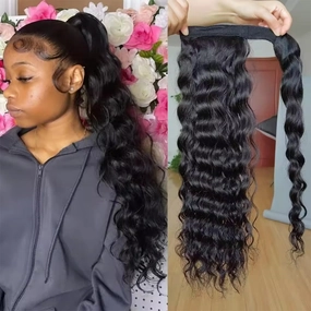 Wrap Around Corn Wave Ponytail Hairpiece for Women Girls Corn Curly Ponytails Clip in Extension 100% Brazilian Virgin Hair Extension Natural Black Color 120gram 12inch