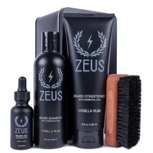ZEUS Deluxe Beard Wash & Grooming Kit for Men – Natural Beard Oil, Beard Wash Combo & Beard Brush Gift Set (Vanilla Rum)