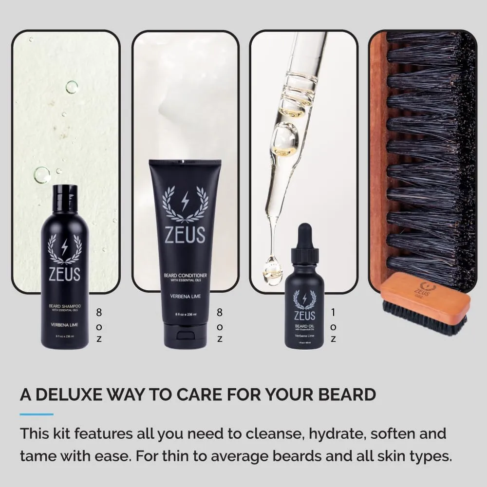 ZEUS Deluxe Beard Wash & Grooming Kit for Men – Natural Beard Oil, Beard Wash Combo & Beard Brush Gift Set (Vanilla Rum)