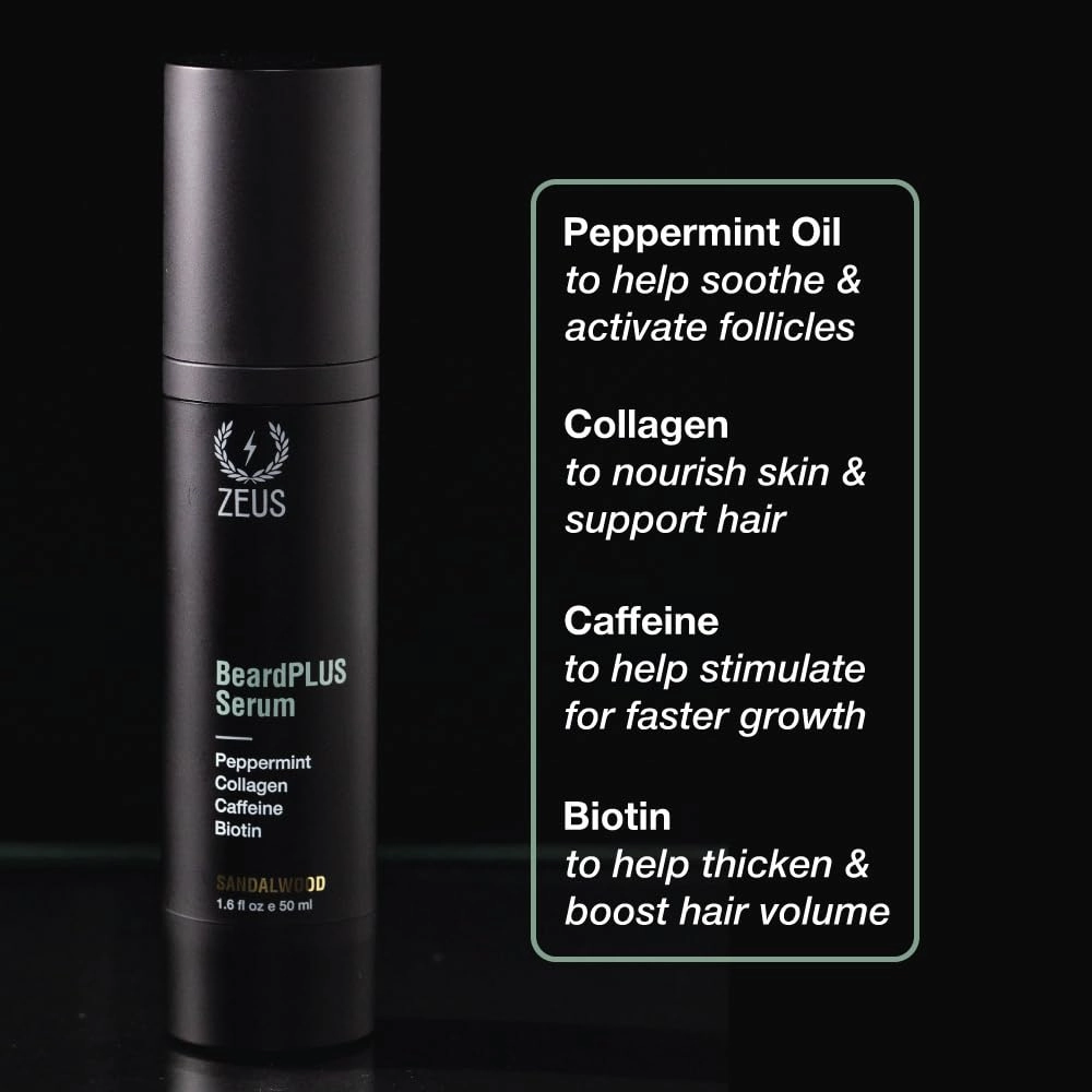 ZEUS BeardPLUS Essential Beard Growth Set, Premium Shampoo & Conditioner Wash and Growth Serum for Thicker & Stronger Facial Hair with Biotin (Made in USA) 3-Piece Set