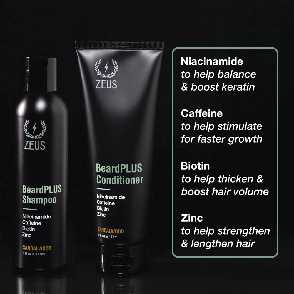 ZEUS BeardPLUS Essential Beard Growth Set, Premium Shampoo & Conditioner Wash and Growth Serum for Thicker & Stronger Facial Hair with Biotin (Made in USA) 3-Piece Set