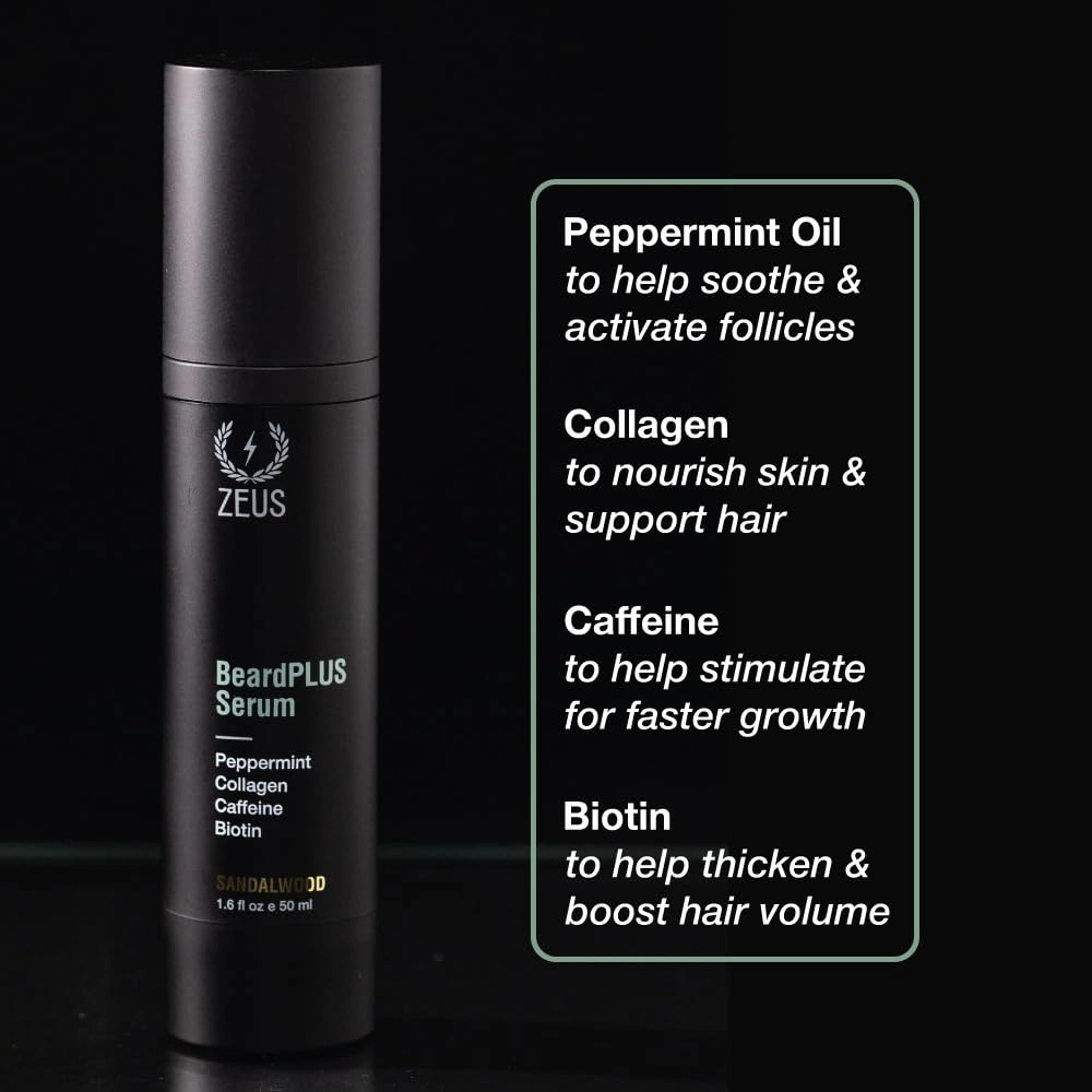 ZEUS BeardPlus Serum for Men, Premium Beard Oil for Enhanced Growth, Fuller & Softer Facial Hair with Biotin & Caffeine (Made in USA) 1.6 oz