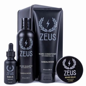ZEUS Everyday Beard Kit with Tin Gift Box – Beard Wash Shampoo & Conditioner, Natural Beard Oil, Beard Balm & Tin Box (Sandalwood)